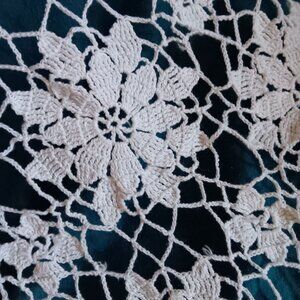 Vintage Hand Crochet Lace Tablecloth Floral Ivory Cotton Boho Farmhouse 70x60 in